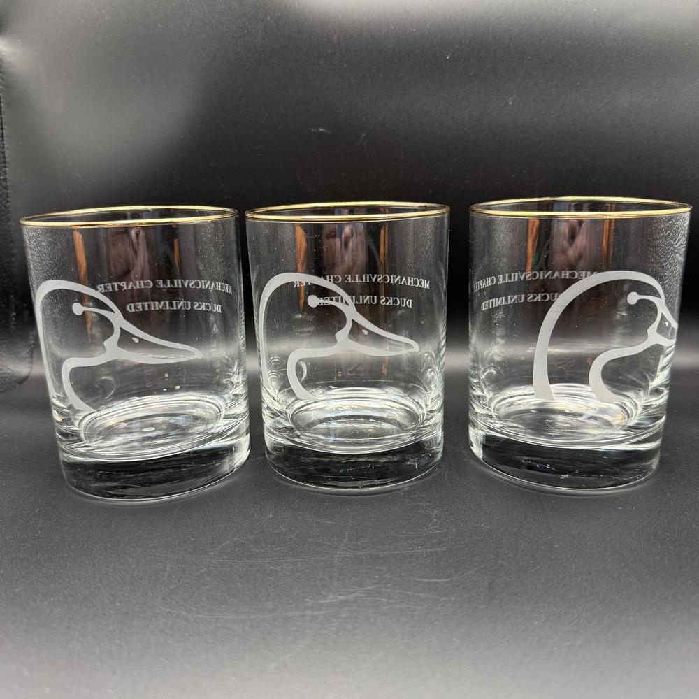Ducks Unlimited Whiskey Rocks Glasses Set Of 3 Mechanicsville Gold Rim Clear